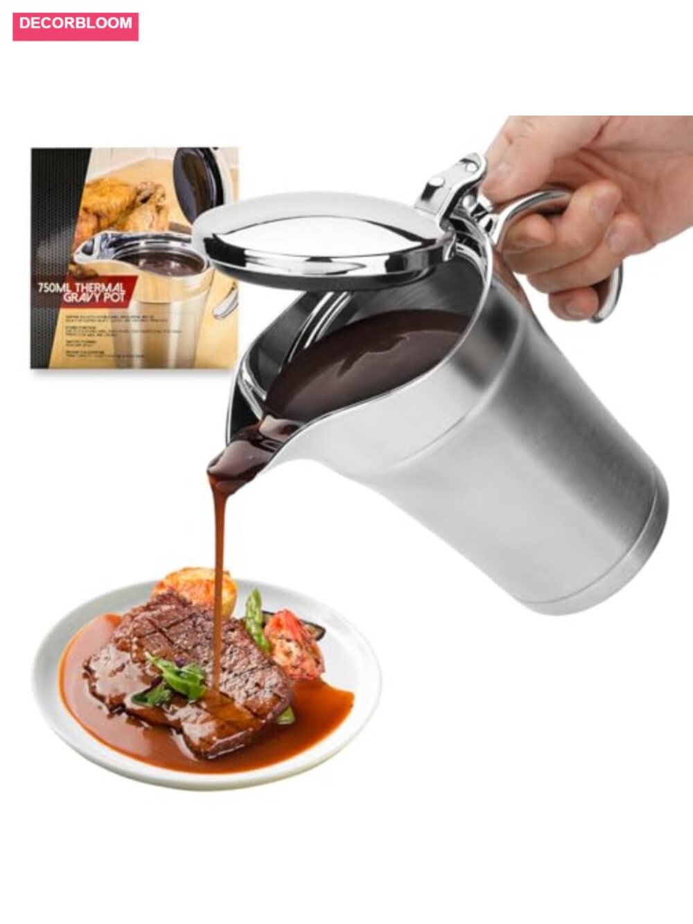 Double Insulated Gravy Boat 26oz Stainless Steel with Hinged Lid